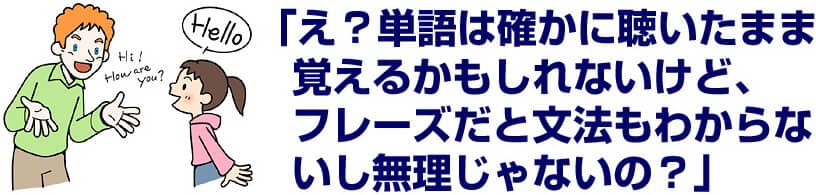 「え?単語は確かに聴いたまま覚えるかもしれないけど、フレーズだと文法もわからないし無理じゃないの?」
